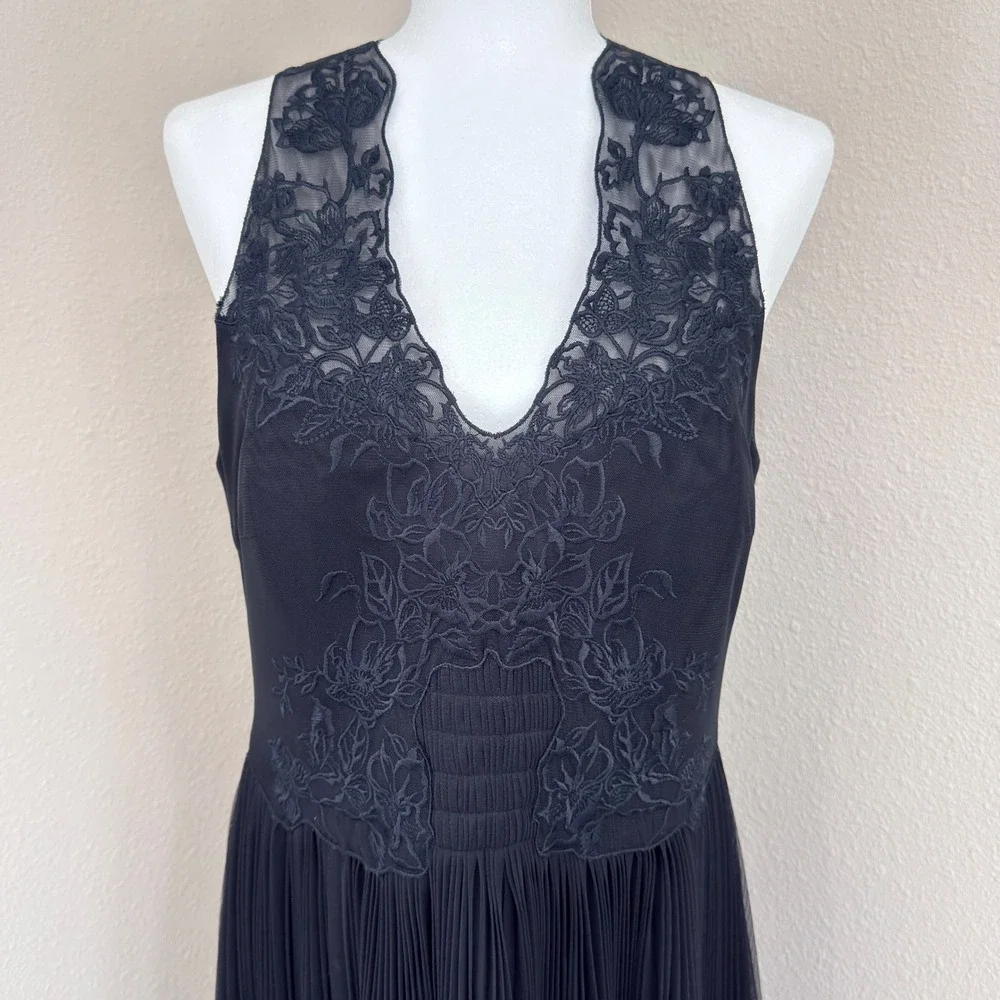 Ted Baker Langley Lace Pleated Midi Dress Black Romantic Elegant Luxe US 10